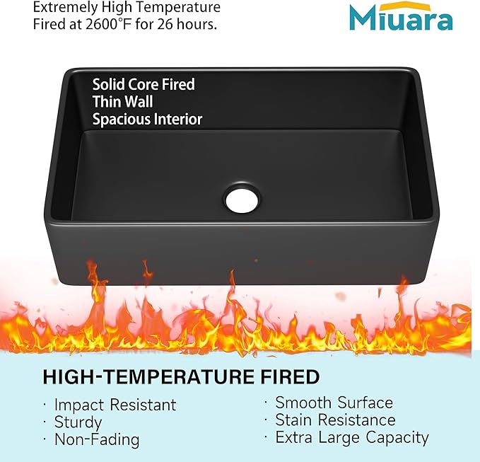 Miuara Black Farmhouse Sink 36 Inch - Extra Large Apron Front Undermount Kitchen Sink Reversible 36"x20"x10", Farm House Style Deep Single Bowl, Heavy Duty Solid Fireclay, Matte Black, for Kitchen