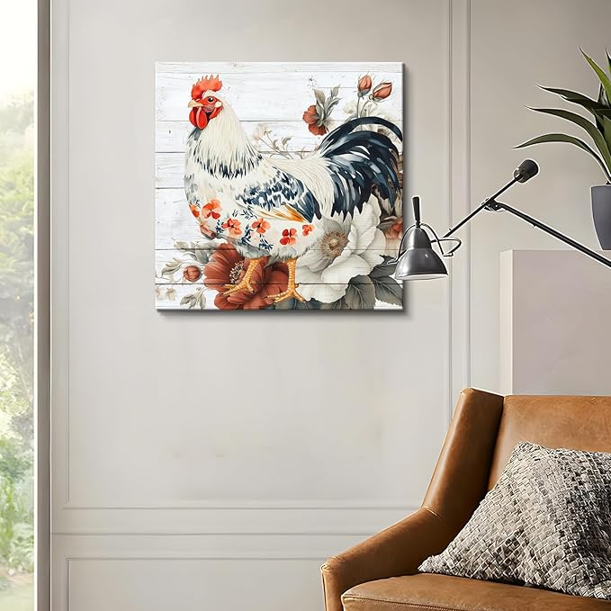 Framed Chicken Wall Art 16x16 Inch Rooster on Flower Stand Canvas Print Farmhouse Country Style Artwork for Kitchen Living Room Rustic Home Wall Decor (Rooster and flowers, 16L×16W)