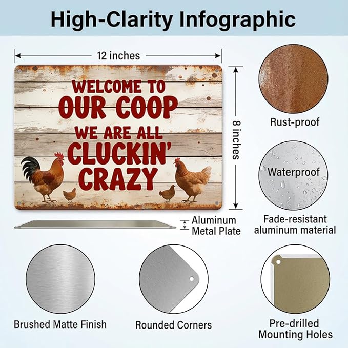 Funny Chicken Metal Sign Outdoor, Aluminum Farmhouse Wall Decor for Coop Door or Yard Area, Fluffy Humor Country Living Style, Rustic 8x12 Inch Gift