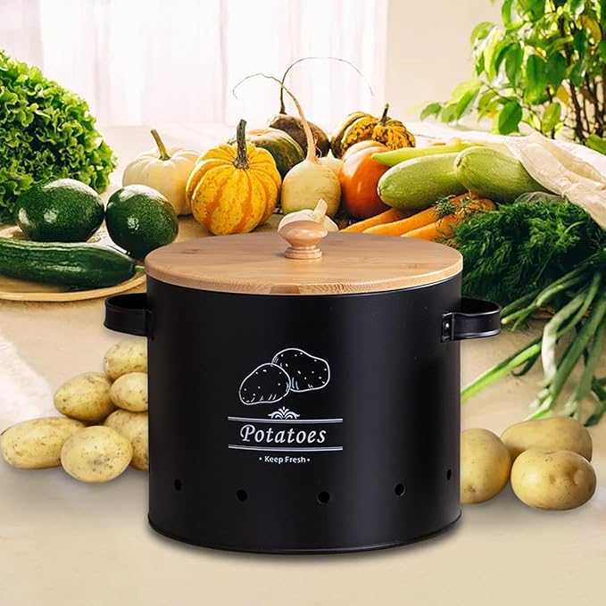 Potato Storage Tin Vegetables Storage Bin, Kitchen Organizer Kitchen Canister, Food Storage Container for Countertop Pantry, Black Large