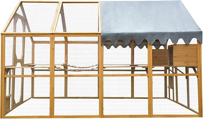 KEIKI 110"L Outdoor Large Chicken Coop with Waterproof Cover, Roosting Platform, Wire Mesh & 2 Lift Small Doors with Locks, Wood Chicken Coop House with Run for Cat Kitten Playpen, Duck, Rabbit, Quail