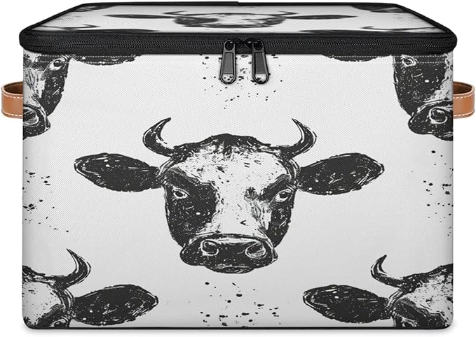 Storage Cubes with Lid Fabric Storage Bins Boxes PU Leather Handles, Farm Cow Closet Organizer Container Foldable Washable Shelf Cloth Basket, Wild Animal Cow