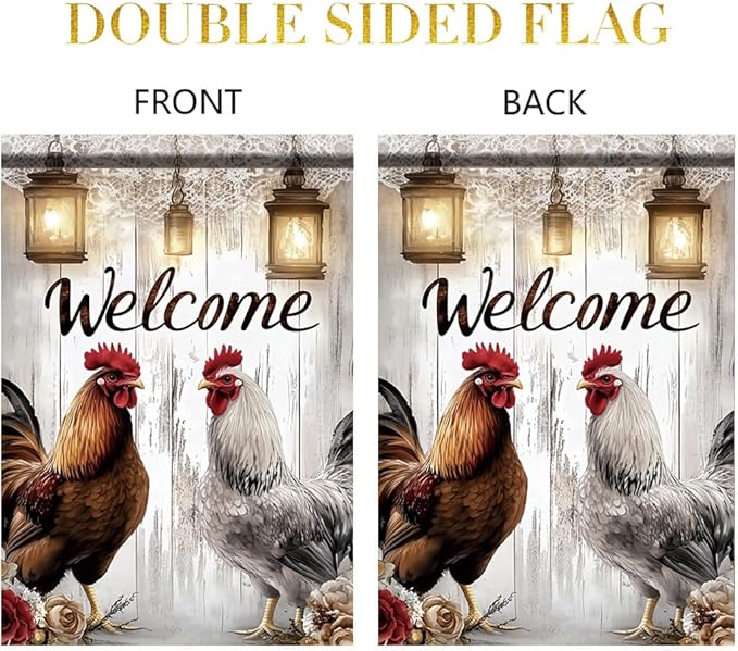 Welcome Rooster Garden Flag 12x18 Inch Double Sided Outdoor Yard Banner Farmhouse Chicken Lantern Rustic Wood Design Country Home Decoration for Porch Patio Lawn Garden Decor