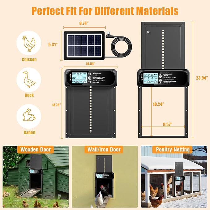 Solar Powered Automatic Chicken Coop Door, LCD Screen Electric Auto Chicken Coop Door with Timer & Light Sensor, Aluminum Rechargeable Automatic Chicken Door Opener with Remote Control & 4 Modes