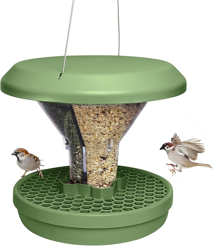 SWISSINNO Bird Feeders - No Mess Hanging Bird Feeder for Outdoors - Smart Birds Davos Spill Proof Wild Cardinal & Small Bird Feeder with Integrated Seed Catcher Tray - Dual Chamber - Sage