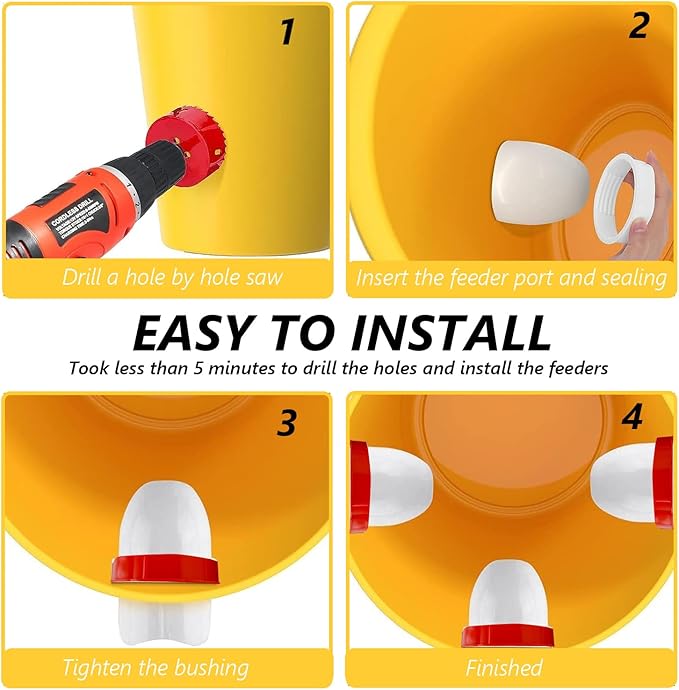 MAFONE DIY Chicken Feeder No Waste,Mess Cups Kit for Gravity Automatic Chickens Bucket Feeder Fit for Buckets, Barrels, Bins,Troughs,Rain Proof Poultry Feeder Port(4 White Red Ports,1 Hole Saw)
