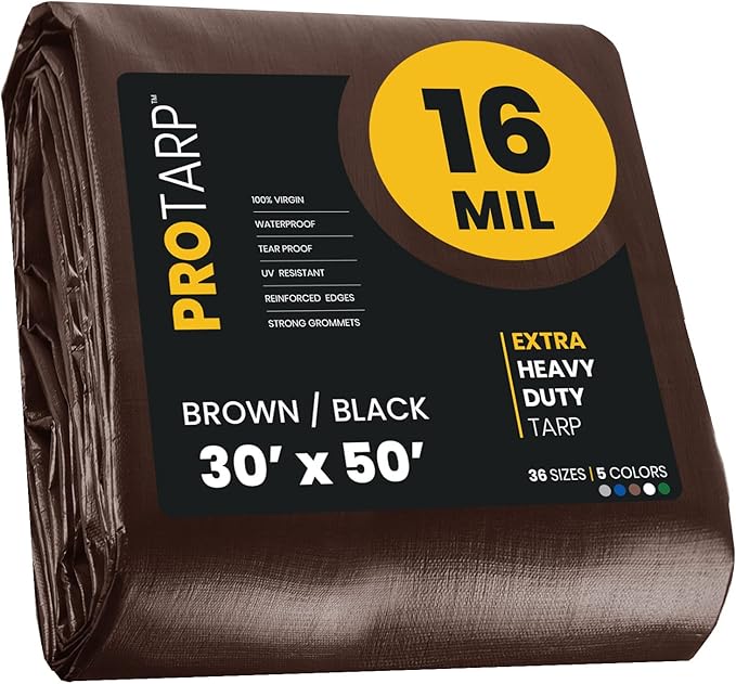 PROTARP Extra Heavy Duty 16 Mil Tarp Cover, Waterproof, UV Resistant, Rip and Tear Proof, Poly Tarpaulin with Reinforced Edges for Roof, Camping, Patio, Pool, Boat. (Brown/Black 30′ X 50′)