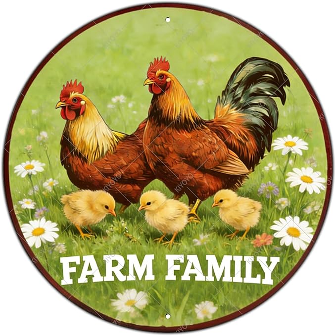 Round Vintage Chicken Metal Sign Farm Family Chicken Coop Sign Home Kitchen Coffee Wall Decor Art Poster 8 Inch