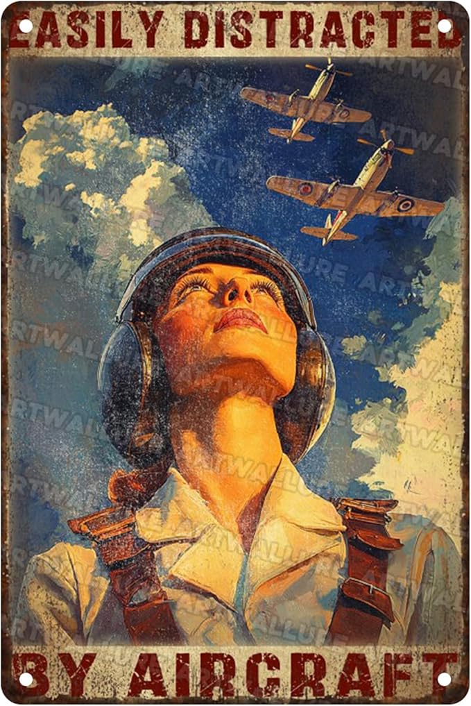 Airplanes Sign for Home Decor Easily Distracted By Airplanes Vintage Metal Poster Retro Art Decor for Backyard Garage Man Cave Shed Office Craft Room 8x12inch