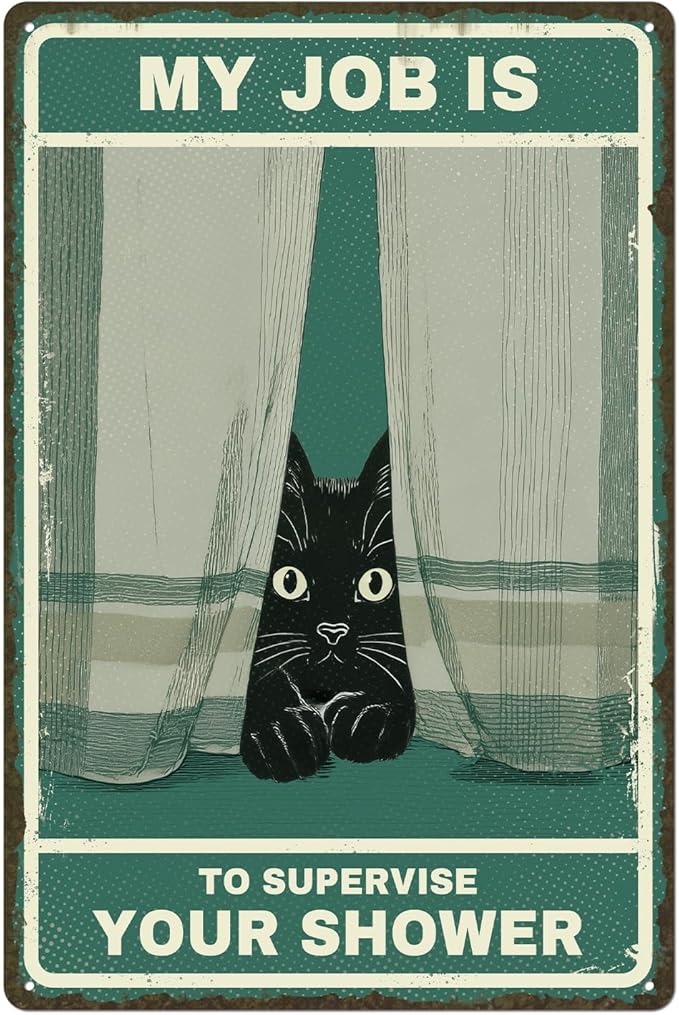 Cat Supervisor Tin Sign - Funny Bathroom Wall Decor Featuring a Peeking Black Cat, Vintage Retro Metal Art Poster, Relatable Humorous Gift for Cat Mom and Dad, 8x12 Inch