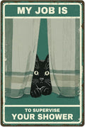Cat Supervisor Tin Sign - Funny Bathroom Wall Decor Featuring a Peeking Black Cat, Vintage Retro Metal Art Poster, Relatable Humorous Gift for Cat Mom and Dad, 8x12 Inch