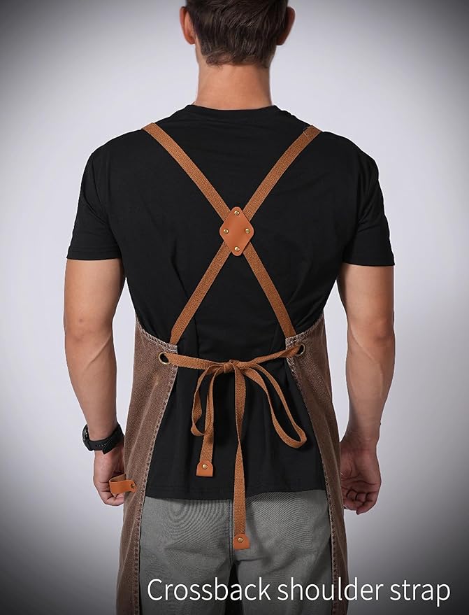 Denim Bbq Apron for Men Women with Pockets Adjustable Cross Back Chef Aprons for Kitchen Cooking Grilling Working