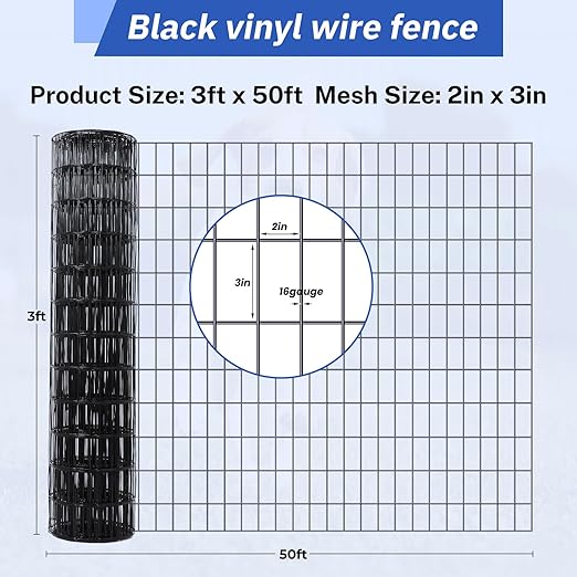 2×3in 36''×50' Welded Wire Mesh, Chicken Wire Mesh Metal Garden Plant Fencing, Black PVC Coated Raised Garden Bed Plant Supports Poultry Netting, Welded Fence Rabbit Cage