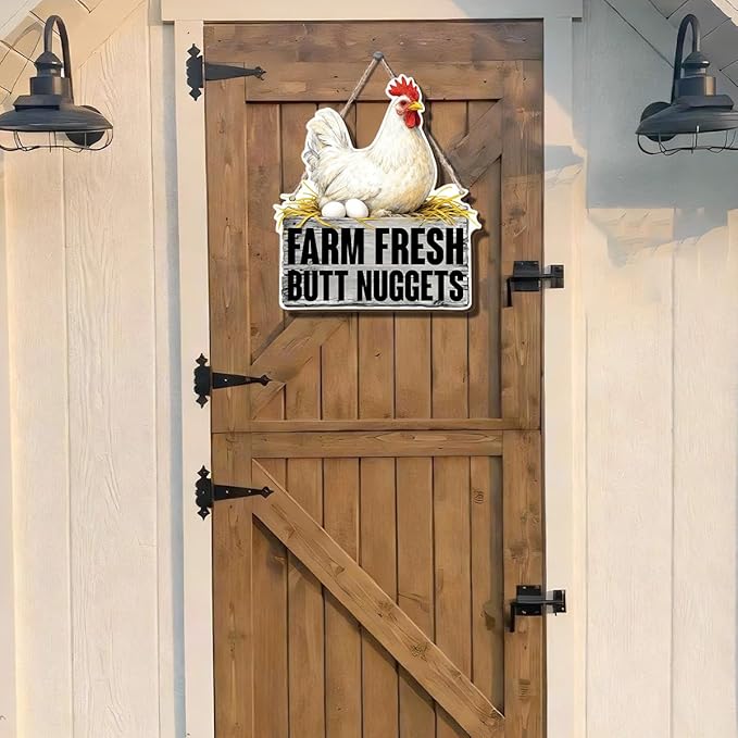 Farmhouse Kitchen Wall Decor, Chicken Coop Sign Farm Fresh Butt Nuggets, Rustic Wood Hanging Plaque, Vintage Painting Style Hen and Eggs Wall Art for Country Kitchen Breakfast Nook, 9.8x11.1 Inches