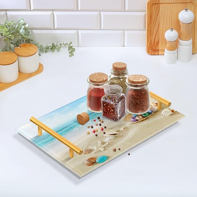 Bathroom Vanity Tray Counter Organizer, Beach Peals Decorative Tray with Handles Countertop Storage for Bathroom Bedroom Kitchen Home Farmhouse