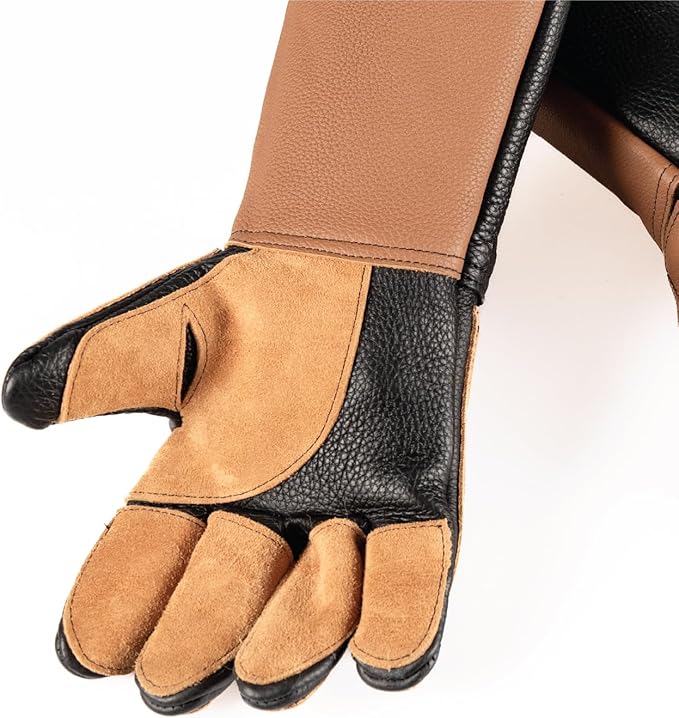 Animal Handling Gloves,%100 Real Leather, Bite Proof, 3 Solid Layers, Handmade, Dog Bite and Cat Scratch, Bird Handling, Wiped Clean, Vet Approved, 18" Black and Tan