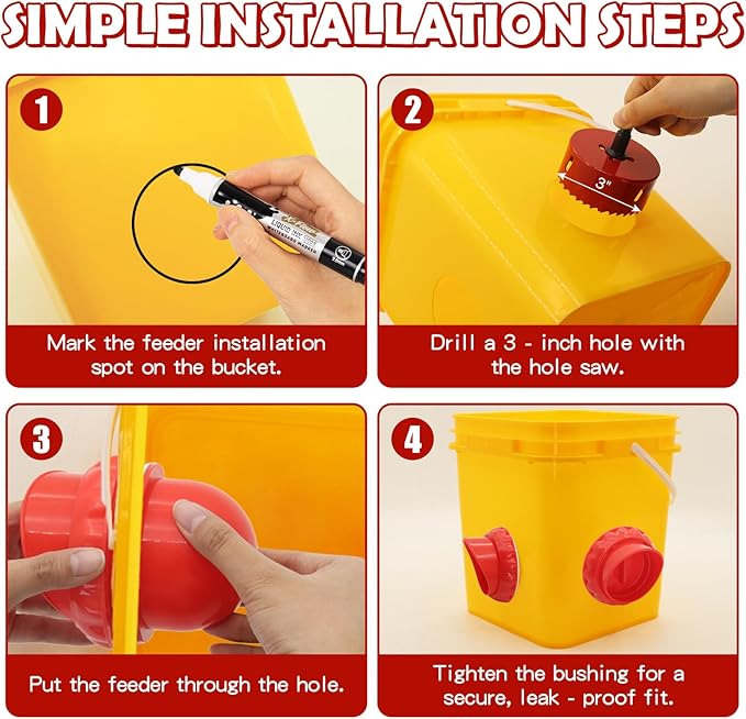 Chicken Feeders No Waste, DIY Automatic Poultry Feeder 8 Ports 1 Hole Saw with Covers Gravity Feed Kit for Buckets Barrels Bins Troughs (Red)