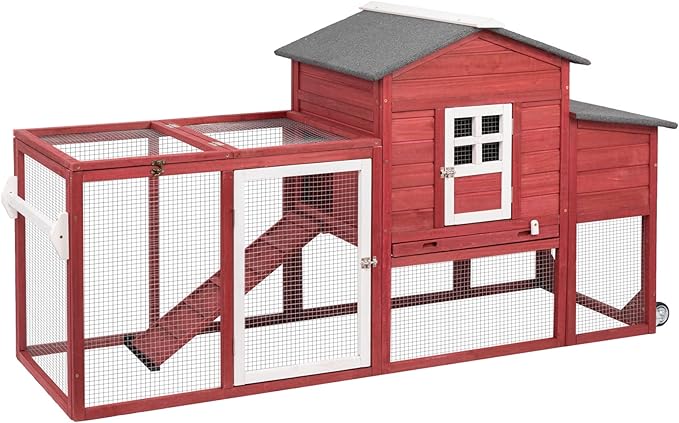PetsCosset 158in Chicken Coop Wooden Indoor Outdoor for 1-6 Chickens Extension Chicken Houses with Removable Tray Nesting Box and Run（Set of Two）, Red