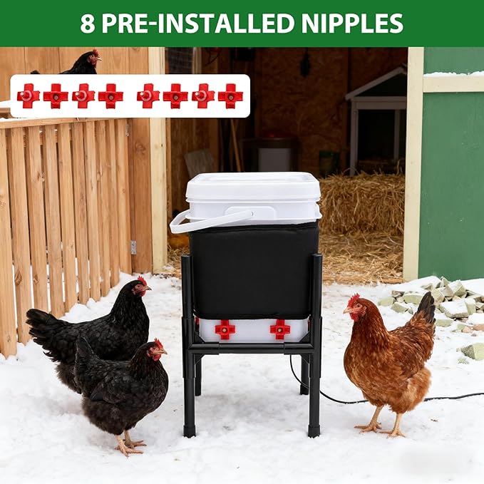 Heated Chicken Waterer,5 Gallon Chicken Poultry Water Heater with Stand for Winter with 8 Nipples + 4 Extras (black, 5 Gallon)