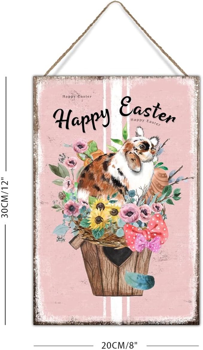Happy Easter Flower Basket Bunny Wooden Signs French Style Floral Pink Stripes Wood Sign Happy Easter Eggs Bunny Rustic Signs for Home Office Porch 8x12in Easter Gift to Kid