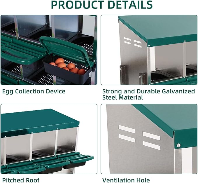 6-Compartment Roll-Away Metal Chicken Nesting Box – Durable Hen Laying Box with Protective Lid, Easy Egg Collection, Stand with Bracket Legs for Coops, Green