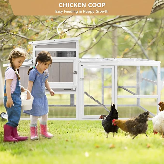 PetsCosset 157.4"L Chicken Coop with Wheels, Large Wooden Chicken House with Run, Backyard Hen House Poultry Cage for 2-6 Chickens Rabbit and Small Animal, Nesting Box, Tray, 6 Perches, Set of 2, Grey