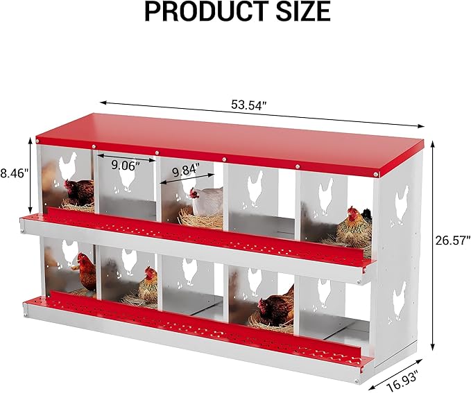 Heavy Duty Galvanized Metal Chicken Nesting Box - Rustproof Egg Laying Box for Hens with Slanted Roof, Rollout Design - Wall Mount or Freestanding Poultry Nest for Chicken Coop (10-Hole)