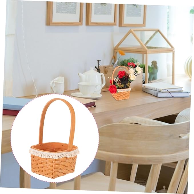 HEALLILY Handwoven Wooden Flower Basket for Eggs and Candy Natural Wood Spring Picnic Organizer Small Decorative Woven Storage for Home and Table Unique Idea for Housewarming