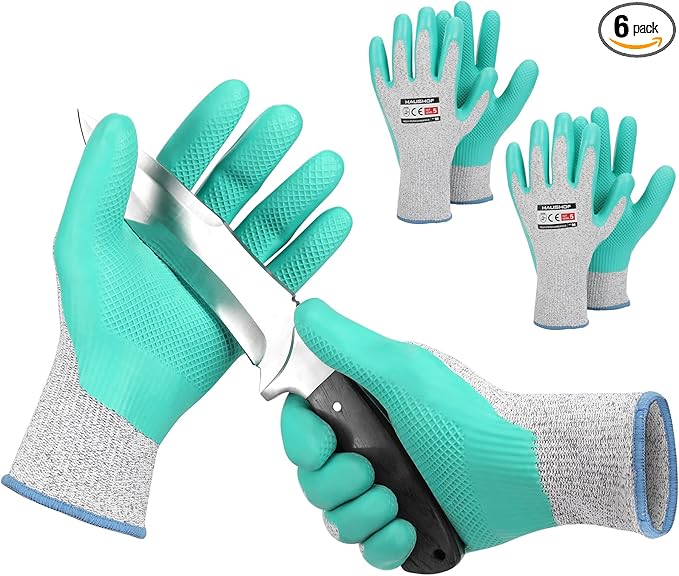 HAUSHOF Cut Resistant Work Gloves Level 5 Protection with Latex Coating, 3-Pairs Cutting Proof Working Gloves Breathable for Men and Women Kitchen, Gardening Work, Medium Size