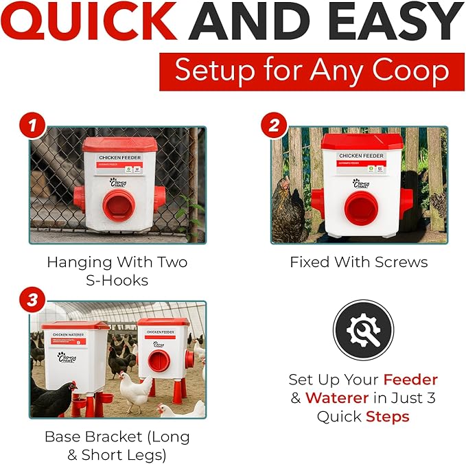 Large Chicken Water Feeder Set, Adjustable 3 in 1 Poultry Feeder with Short & Long Legs & Hanging Hook, 11L Chicken Waterer & 26.5lb Chicken Feeder Port, No Waste Design for All Poultry Sizes