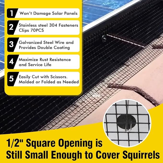 8in X 100ft Solar Panel Bird Guard,Solar Panel roof Protection net 1/2inch Mesh PVC Black Vinyl Coated Galvanized net 70 Fastener ClipsUsed for Bird,Animal Control