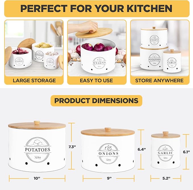 Canister Sets for Kitchen Counter with Wooden Bamboo Lids, Kitchen Canisters for Countertop, Stackable Steel Farmhouse Canisters for Potato Storage, Onion and Potato Storage Bins - White