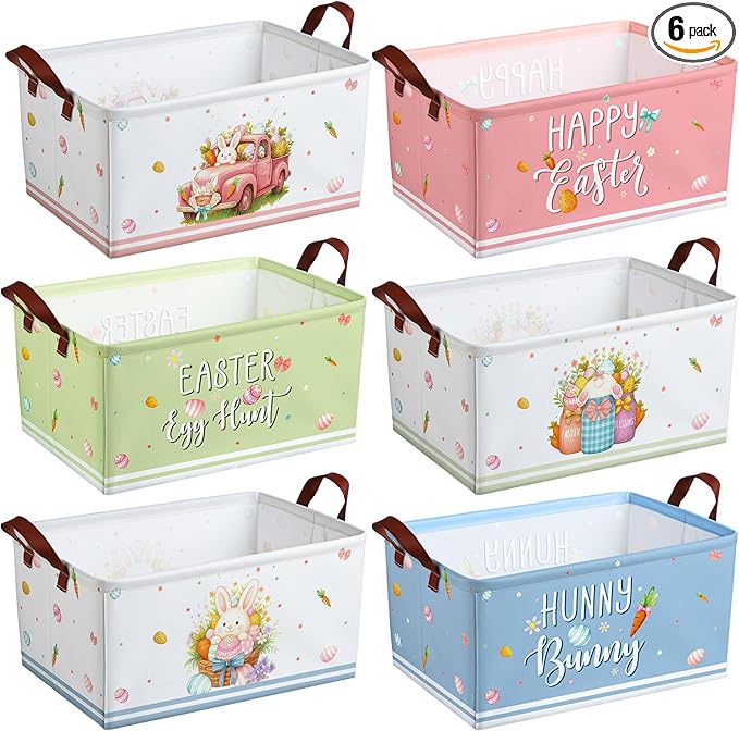 CHENGU 6 Pack Easter Storage Bin Collapsible Easter Basket for Gifts Bunny Eggs Holiday Decor Large Rabbit Basket Foldable Colorful Truck Box with Handle for Bedroom Office Home
