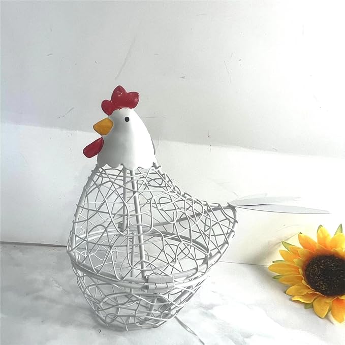 Chicken Wire Egg Basket Egg Holder Farmhouse Rustic Vintage Rooster Decor Chicken Shaped Egg Basket Fruit Storage Wire Basket For Collecting And Countertop Storing Egg (White)