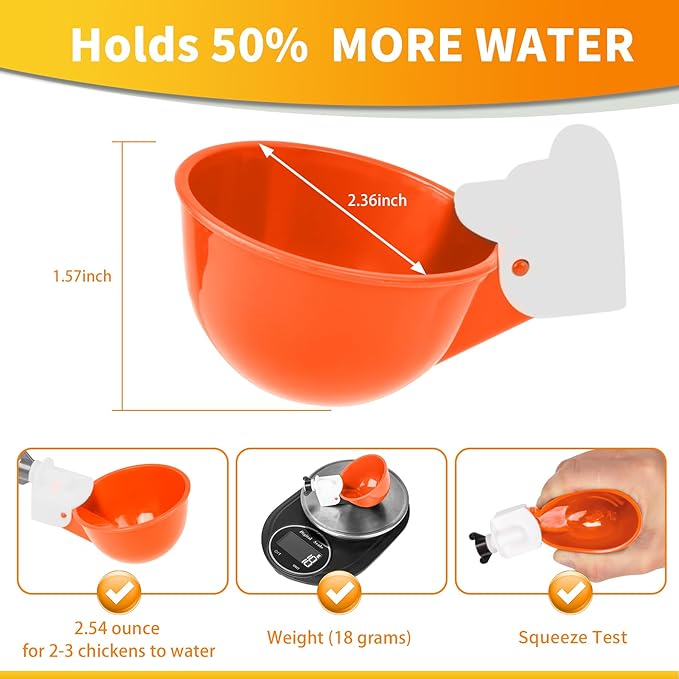 Chicken Water Cups 12 Pack, Automatic Filling Waterer Feeder Bowl, Gravity Poultry Watering System, Chicken Water Dispenser, Chicken Coop Accessories for Hens, Duck, Goose, Turkey (Orange)