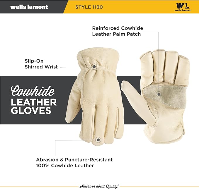 Wells Lamont Leather Work Gloves for Men – Grain Cowhide, Reinforced Palm – Ideal for Construction, Farming, Ranching – Ergonomic Fit, Keystone Thumb, Elasticized Wrist – Beige, XXX-Large (1130XXX)