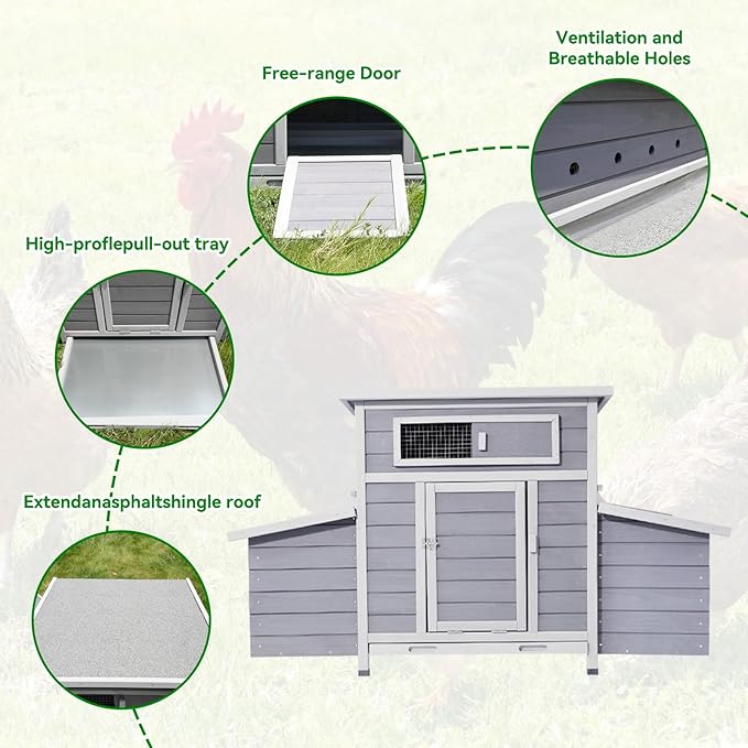 Wooden Chicken Coop with 6 Nesting Boxes,Outdoor Hen House for Backyard, Easy-Clean,Weatherproof Poultry Chicken Cage