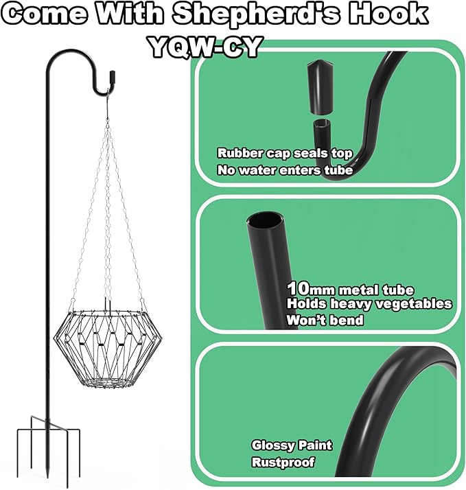 Hanging Chicken Feeder, Foldable Chicken Vegetable Fruits Feeder with 35.5lnch Shepherds Hook, Poultry Feeding Holder Basket with Hanging Chain for Chicken Coop Accessory