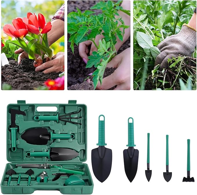 Garden Tools Set 10 Piece - Garden Hand Tool with Ergonomic & Durable Garden Tools Organizer Box, Gardening Kit Gifts for Women, Men, Family