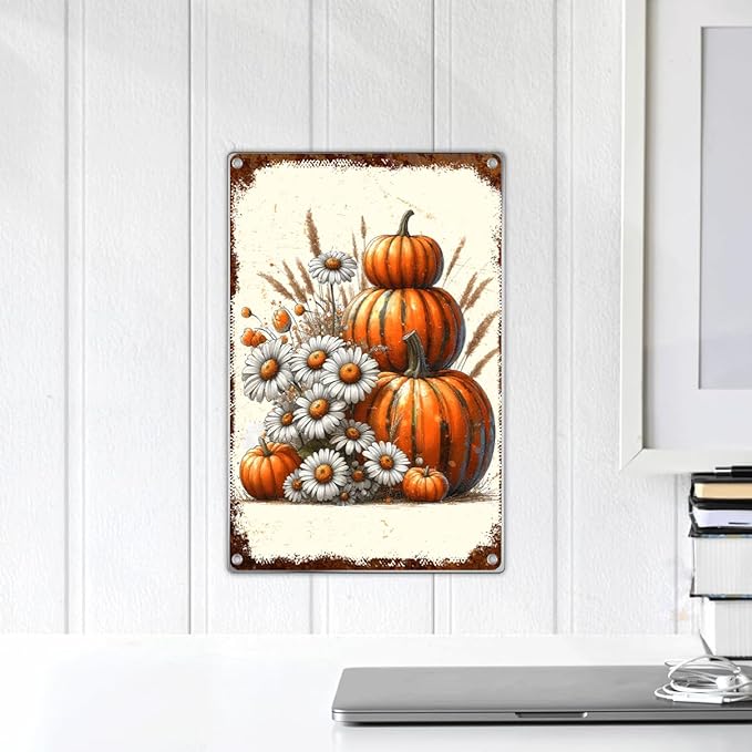 Vintage Pumpkin And Daisy Metal Tin Sign Rustic Fall Harvest Wall Art Farmhouse Autumn Decor For Home Kitchen Or Garden 8 x 12 Inch Outdoor Indoor Aluminum