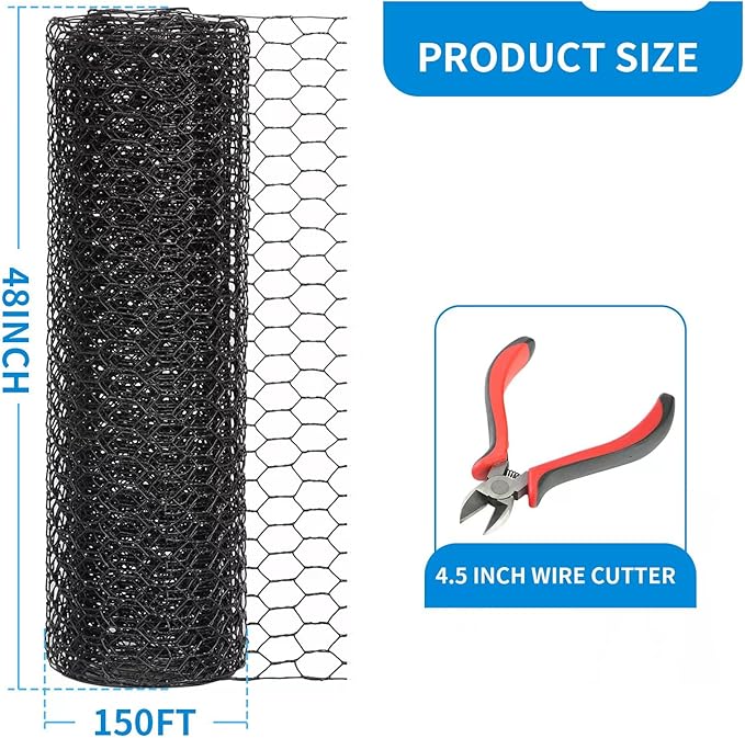 48'' x 150' Black Chicken Wire Mesh Fence, 19 Gauge Galvanized Poultry Netting and 1 inch Garden Mesh Fence Roll, Chicken Wire for Floral Arrangements/Crafts/Farm/Livestock/Pet Protection