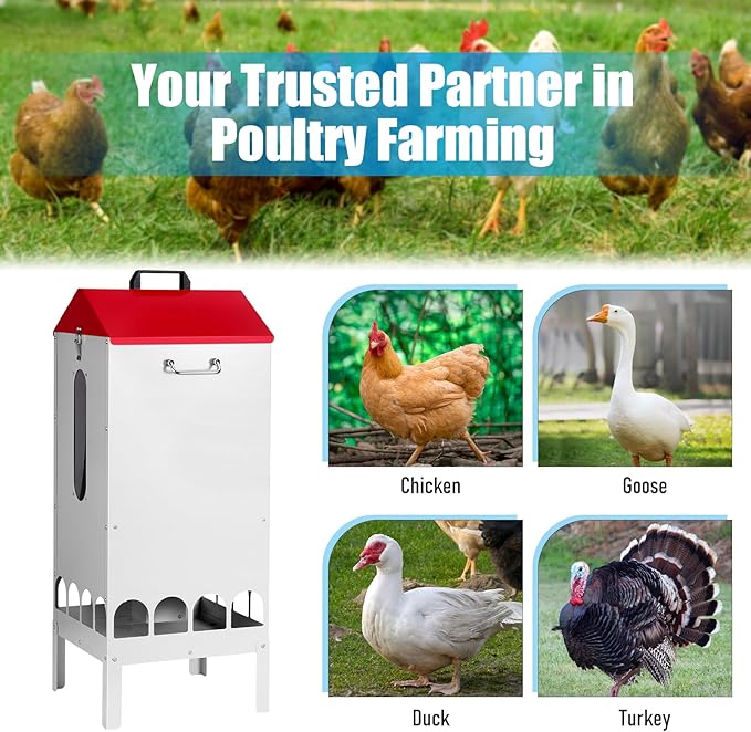 70-80lbs Large Automatic Chicken Feeder with16 Feeding Ports Gravity Poultry Feeder with Viewing Window, No Waste Chicken Feeder for Duck Geese Turkey