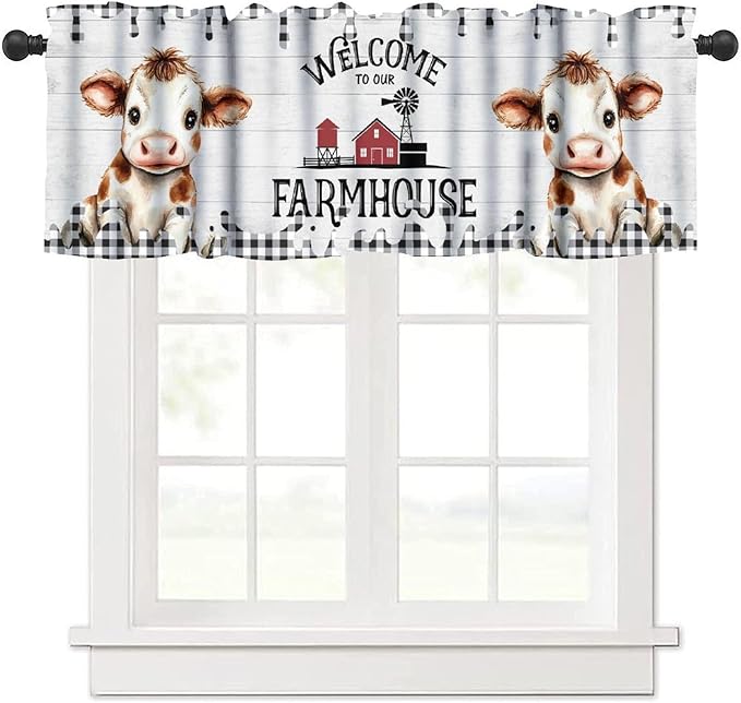 Farmhouse Animal Valance Curtains Watercolor Cute Cow Wooden Board Black White Buffalo Check Art Print Rod Pocket Curtain Valance for Kitchen Bedroom Living Room Decor 1 Panel W54xL18 Inch