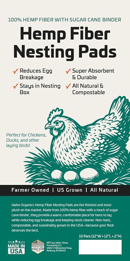 (New) Naturally Grown US Hemp Fiber Chicken Nesting Pads, for Hen Nesting Boxes or Chicken Coops. Super Absorbent, Nest Forming, Thermoretentive and Sustainable. 12”x12” (10 pack). Made in the USA.