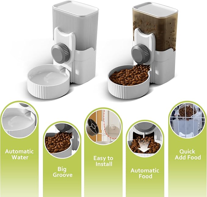 Hanging Cage Automatic Food Water Dispenser, Detachable Auto Gravity 1L Self-Feeding Feeder and Waterer Set, Crate Auto Feeder Dish for Puppy Cats Ferret Bunny Guinea Pig Small Pets (Grey)