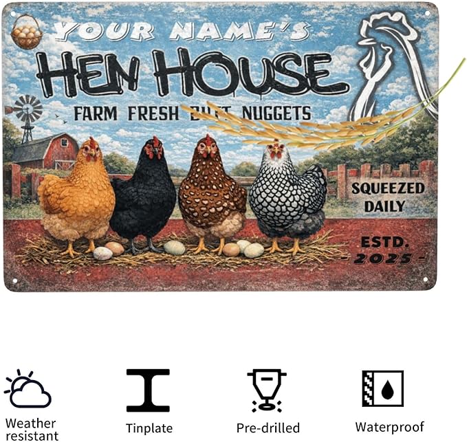 Personalized Hen House Sign with Your Name & Date, Funny Farm Fresh B-u-t-t Nuggets Saying, Custom Rustic Metal Plaque for Chicken Coop & Farmhouse Decor, Vintage Barn Wall Art