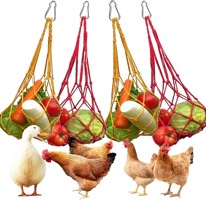 Chicken Vegetable String Bag, Hanging Feeder Toy Vegetable Rack with Hook for Chicken Cage, Poultry Fruit Rack, Cabbage Feeder 4 Sets