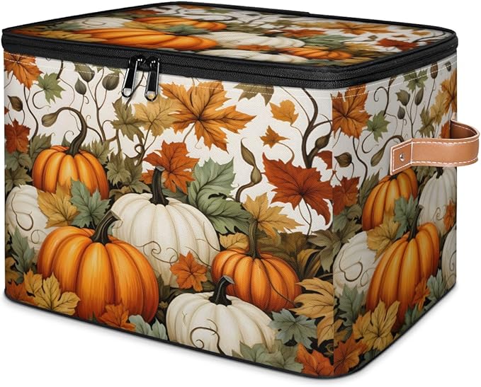 Fall Pumpkin Storage Bins with Lids, Maple Leaf Fabric Storage Boxes with Zipper, Collapsible Decorative Closet Organizer Cube for Clothes,Organizing, Shelves