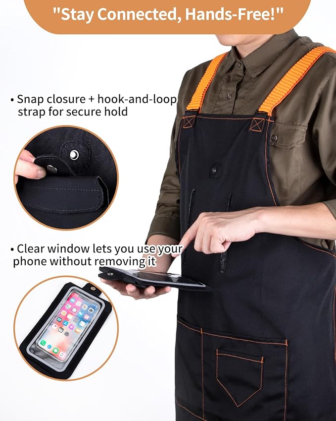 Adjustable Work Apron with Secure Multi Phone Pocket - Design for Cooking, BBQ, Gardening, Carpentry, Bartending, Serving