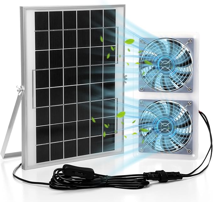 1 Set Solar Fan for Greenhouse, 10 W Solar Panel Fan Kit with Bracket Waterproof Solar Exhaust Fan Solar Dual Fan for Intake or Exhaust Air for Attic, Shed, Barn, Chicken Coop, Dog House